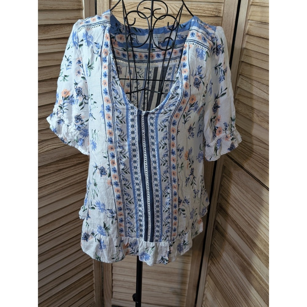 Lucky Brand Women's Floral Border Print Peplum Top Size Small